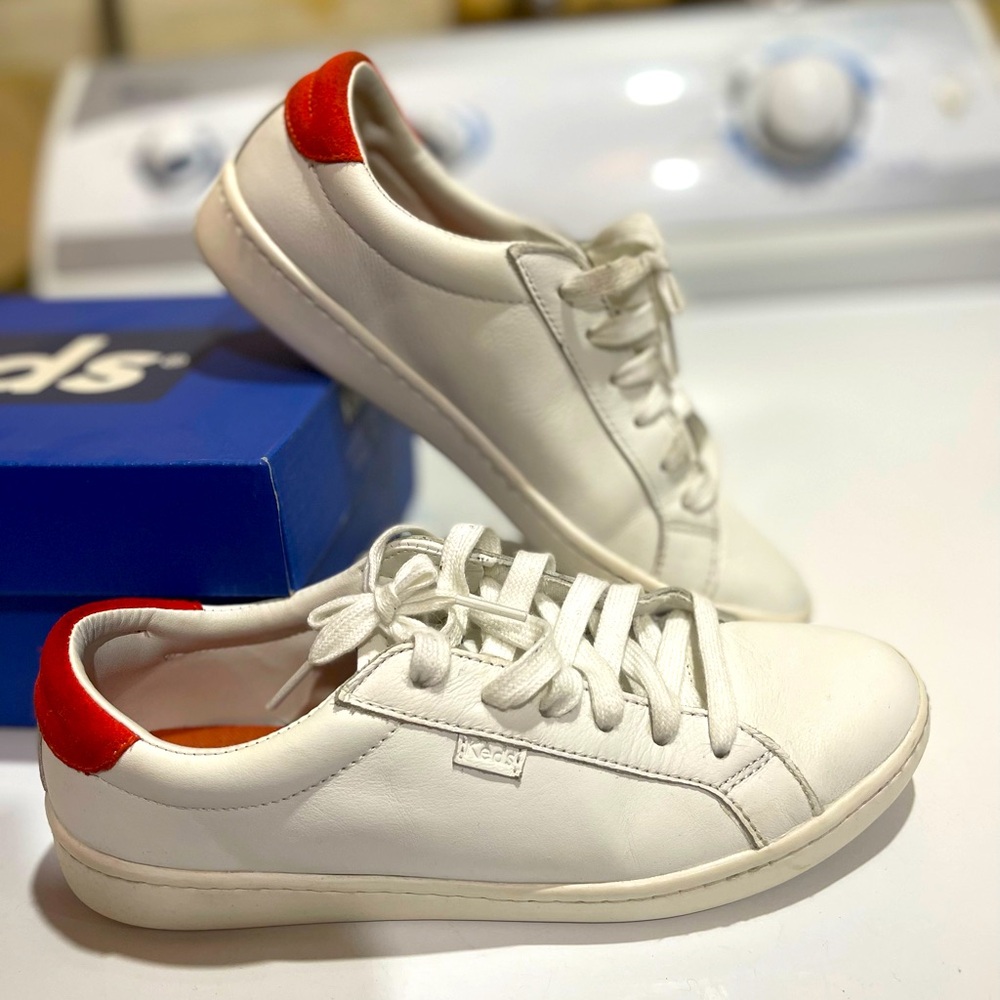 Keds Ace White Leather Sneakers with Red Heel Accent - Size 8